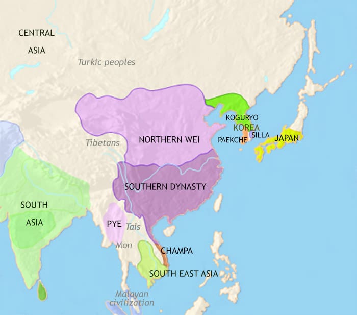 Map of East Asia: China, Korea, Japan at 500CE