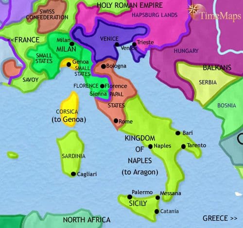 Map of Italy at 1453CE